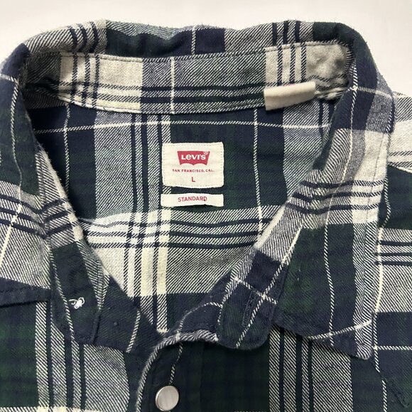 Vtg Levis Shirt Mens L Black Gray Plaid Western Pearl Snap Flannel Standard Fit - Picture 2 of 12